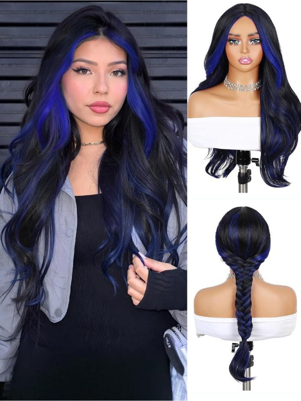 28Inch Women's Fashion Mix Blue Soft Long Synthetic Wavy Curly Wig with Bangs